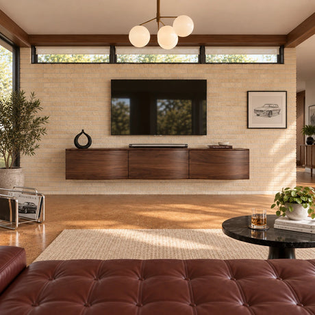 Modern media console in solid wood with floating design and streamlined profile
