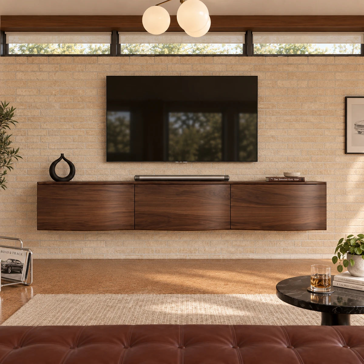 Wall mounted TV console in solid wood with seamless doors and a sleek low profile
