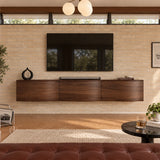 Wall mounted TV console in solid wood with seamless doors and a sleek low profile
