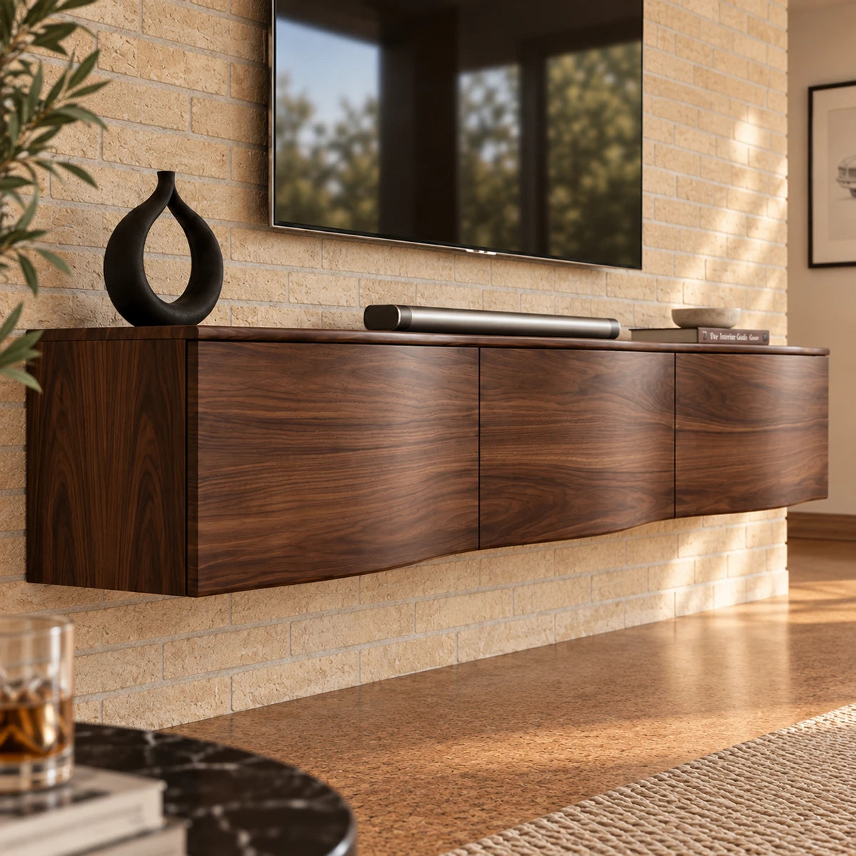 Low profile media cabinet in solid wood with floating storage and refined details
