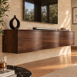 Low profile media cabinet in solid wood with floating storage and refined details
