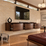 Minimalist entertainment unit in solid wood with wall-mounted form and hidden storage
