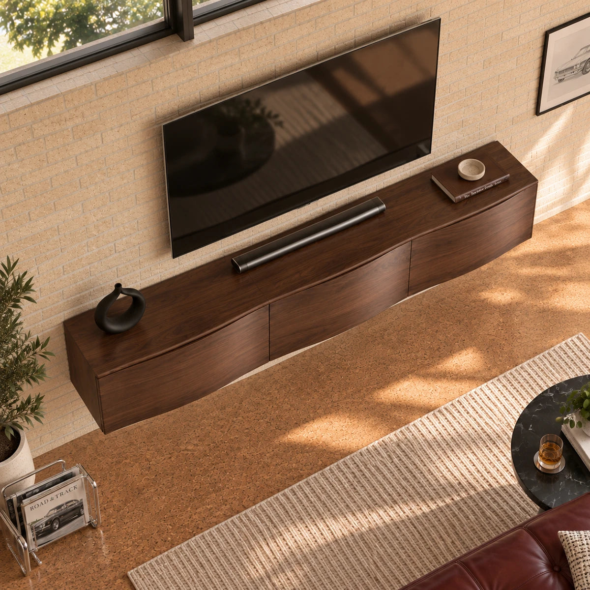 Contemporary TV stand in solid wood with clean front panels and floating support
