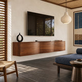 Wall-hung media unit in solid wood with a sleek silhouette and modern storage design
