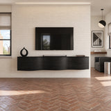 Modern floating TV cabinet in solid wood with minimalist doors and soft edge detail
