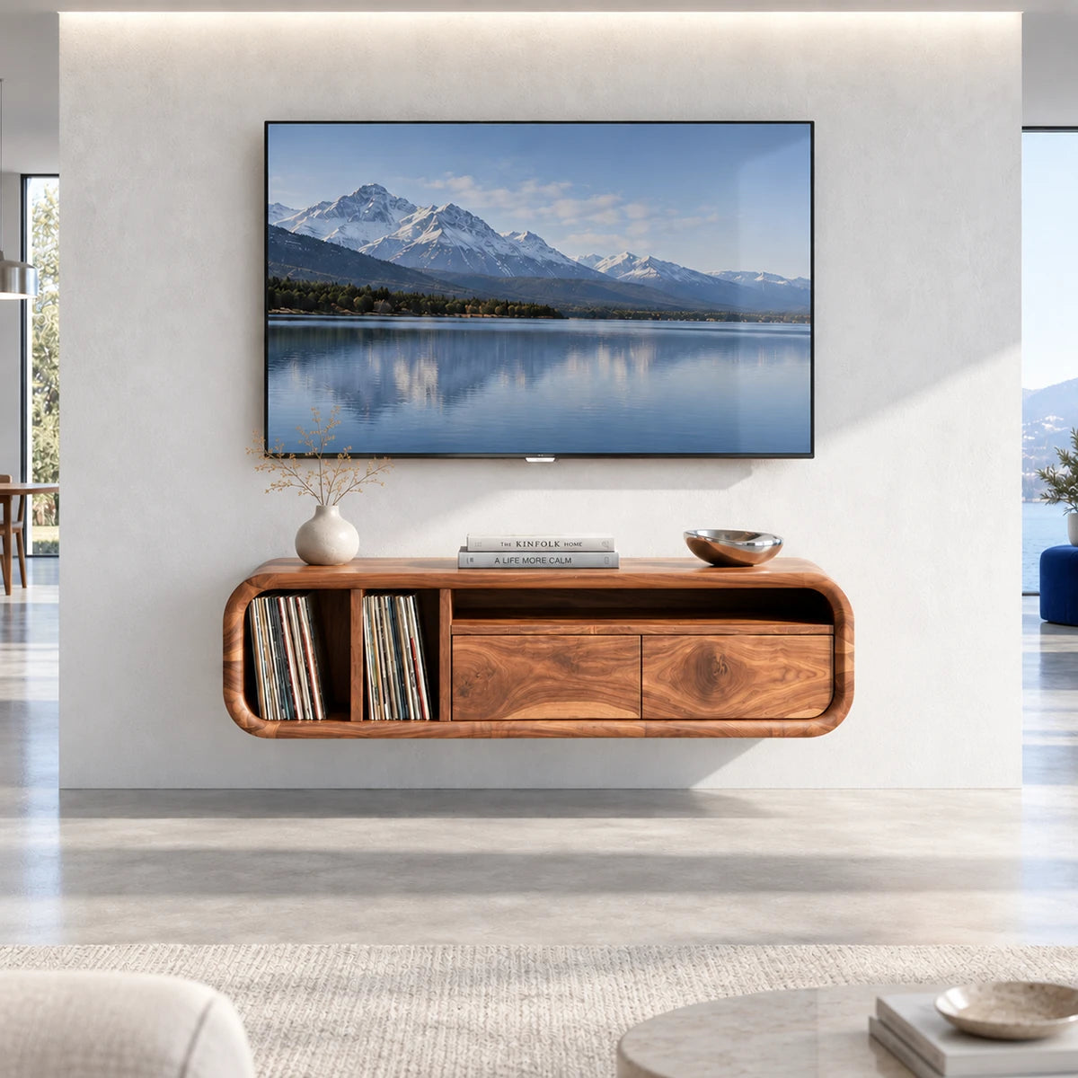 Modern entertainment console in solid wood with LP storage and clean front drawers
