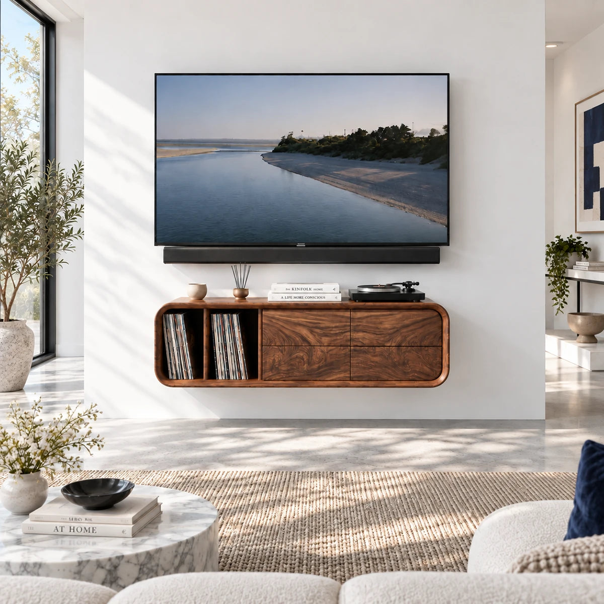 Modern entertainment console in solid wood with vinyl racks and drawer storage inside
