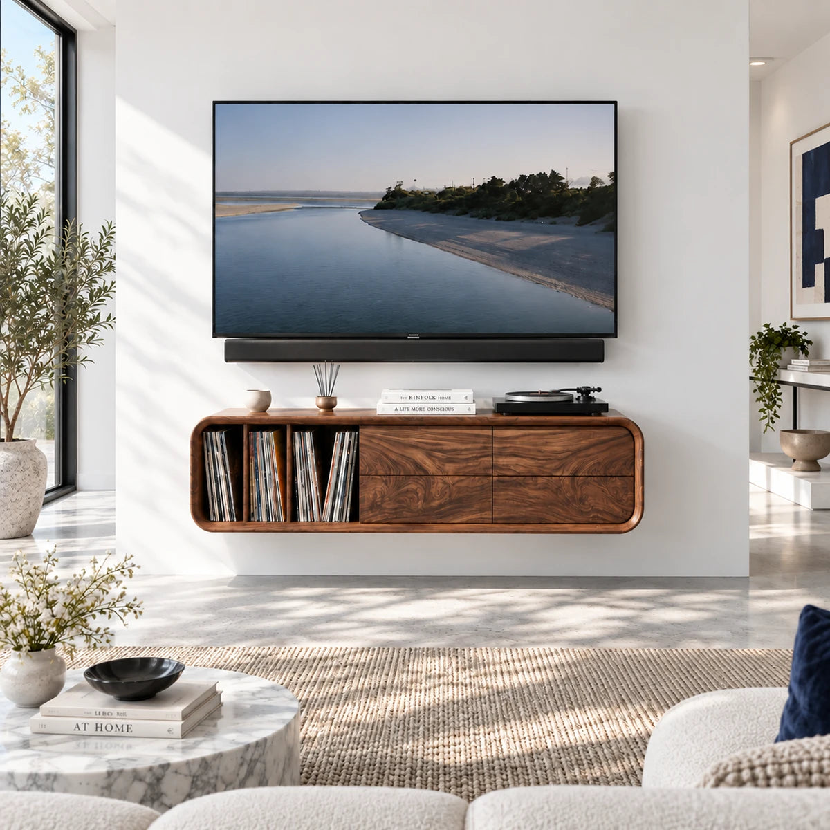 Refined wall mounted media unit in solid wood with LP storage and drawers below it
