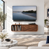 Refined wall mounted media unit in solid wood with LP storage and drawers below it
