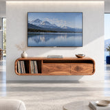 Functional TV console in solid wood with vinyl record slots and closed drawers below
