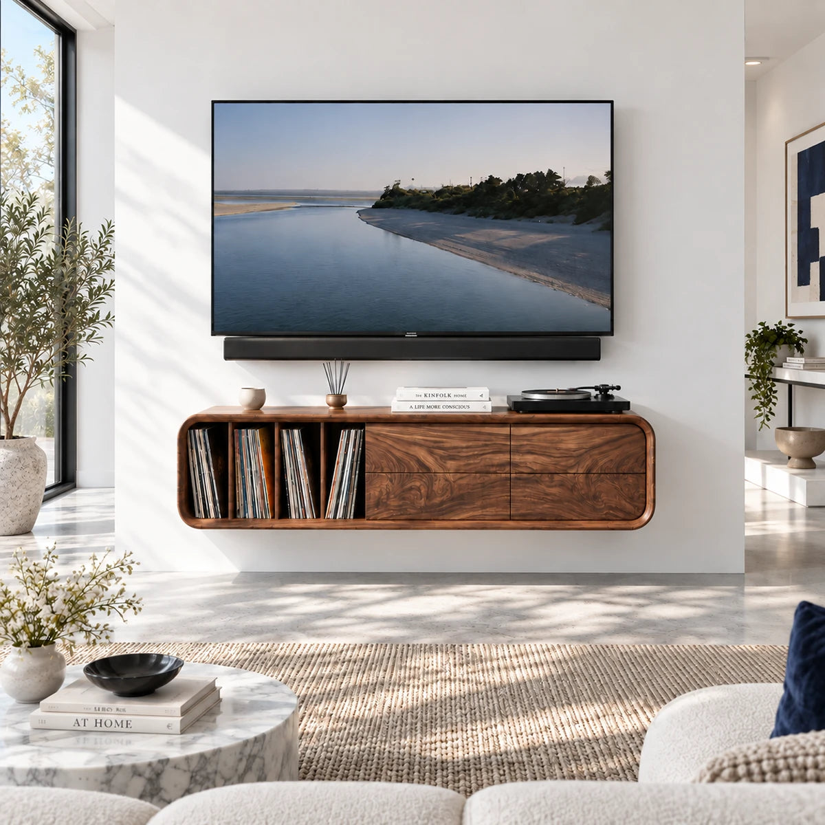 Functional TV console in solid wood with vinyl storage and double drawers inside
