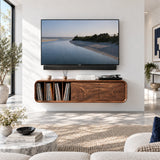 Functional TV console in solid wood with vinyl storage and double drawers inside
