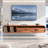 Curved media console in solid wood with open shelf display and two wide drawers below