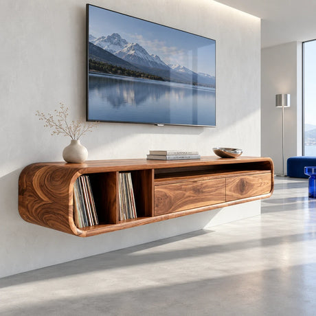 Floating TV stand in solid wood with vinyl shelves, drawers, and rounded edge design

