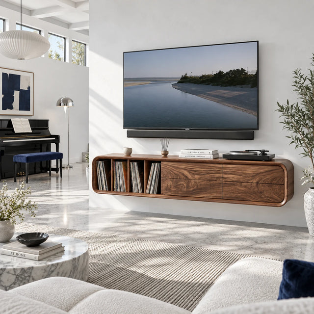 Floating TV stand in solid wood with vinyl storage and rounded drawer front design
