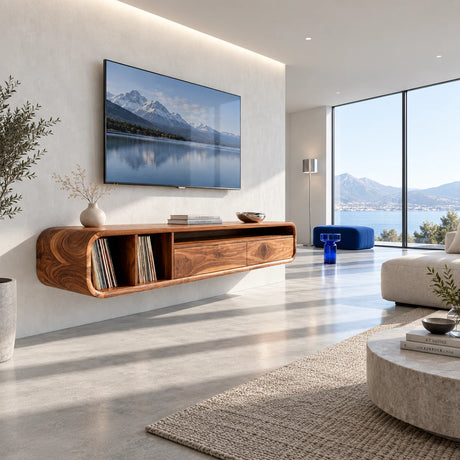Modern media console in solid wood with open storage, drawers, and soft curved profile
