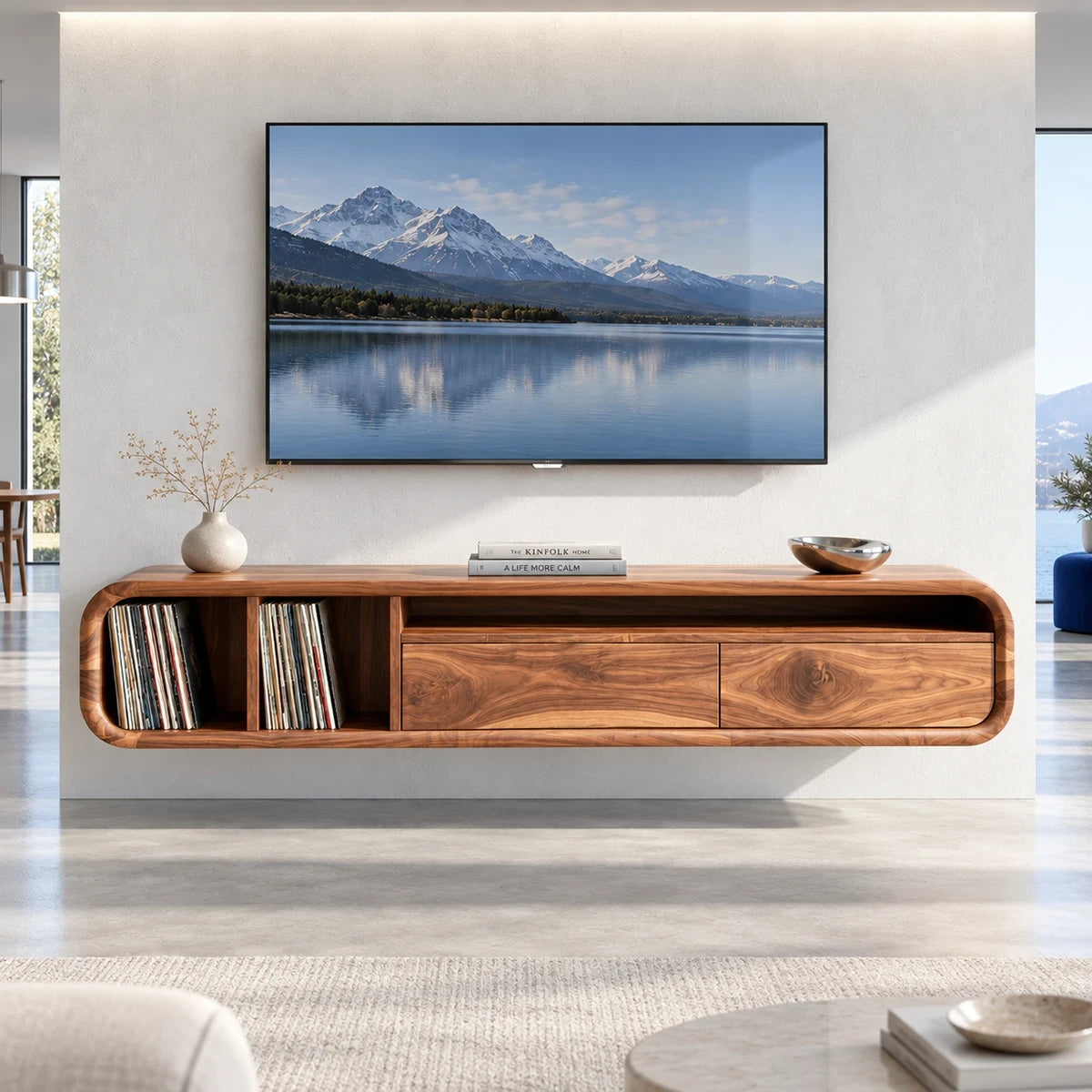 Wall mounted TV console in solid wood with record storage and hidden drawers below

