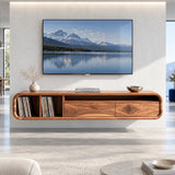 Wall mounted TV console in solid wood with record storage and hidden drawers below
