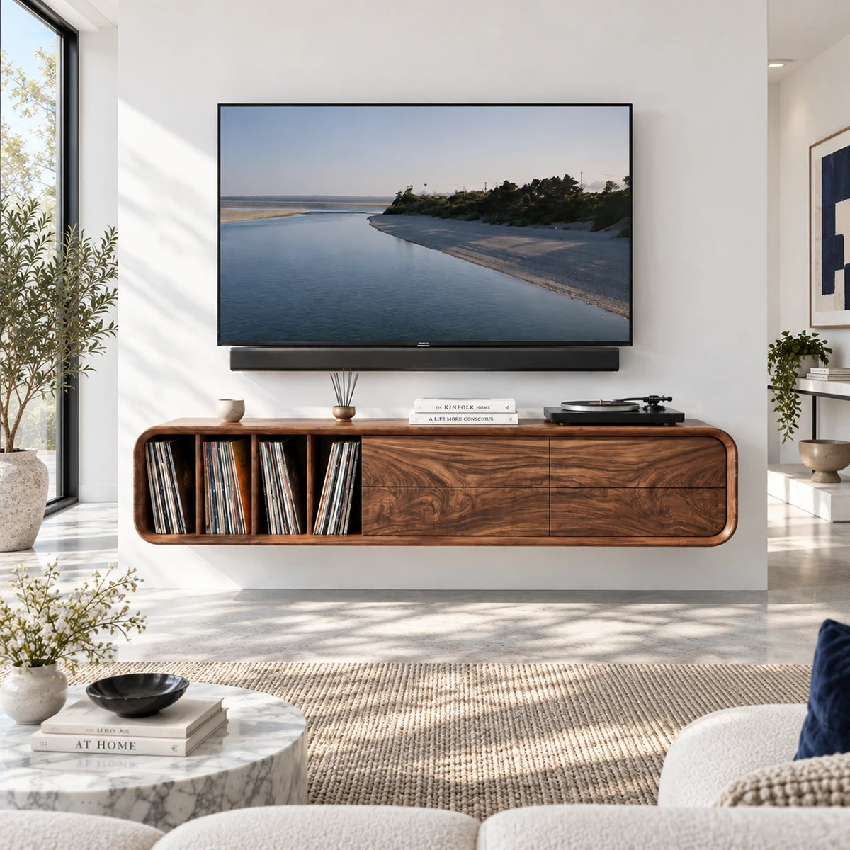 Wall mounted TV console in solid wood with vinyl cubbies and drawer storage inside
