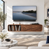 Wall mounted TV console in solid wood with vinyl cubbies and drawer storage inside
