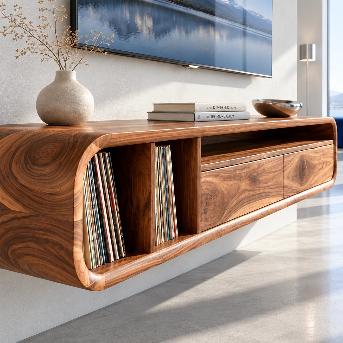Low profile entertainment center in solid wood with rounded frame and drawer storage
