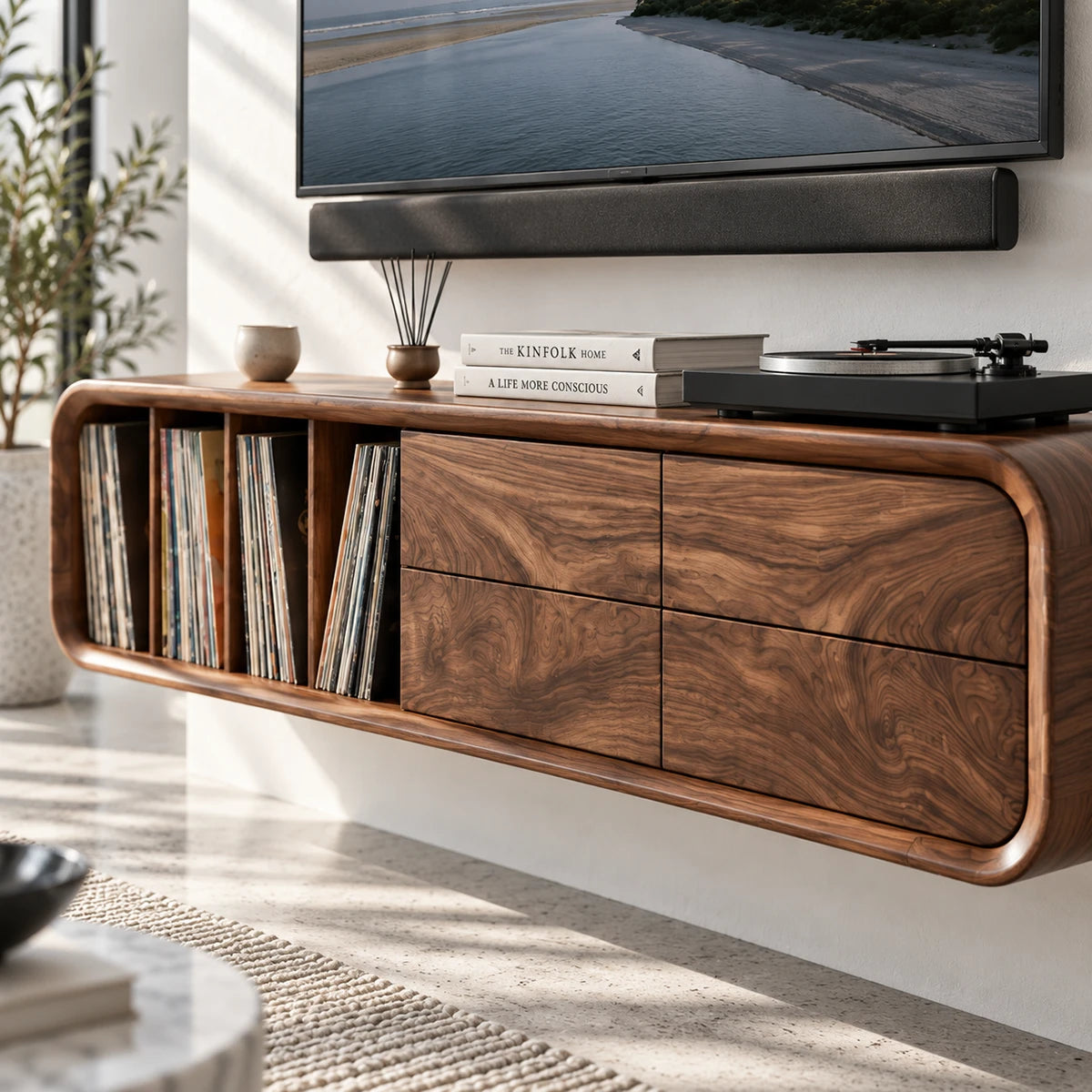 Low profile entertainment center in solid wood with open shelves and drawers below
