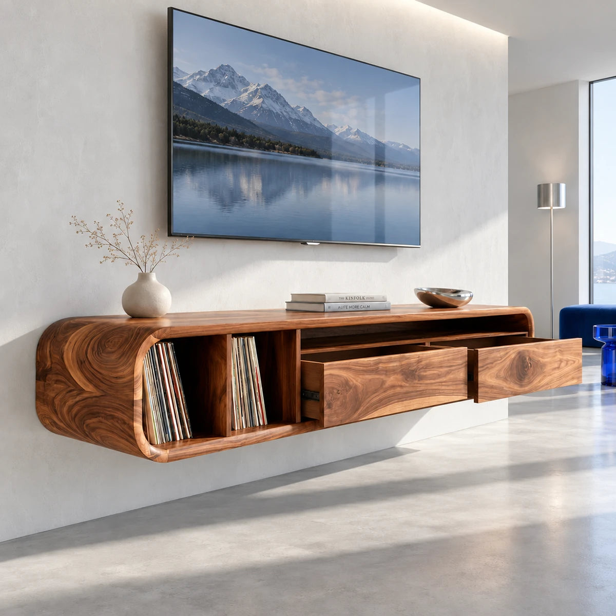 Sleek TV media unit in solid wood with vinyl cubbies and streamlined drawers front
