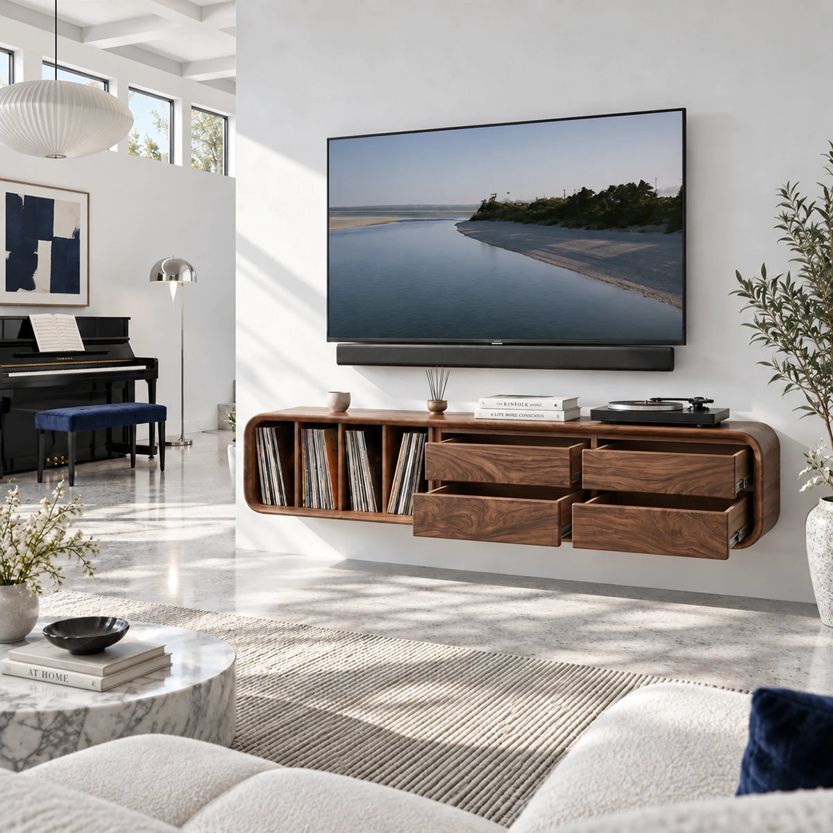Sleek TV media unit in solid wood with record storage and clean drawer lines style
