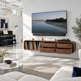 Sleek TV media unit in solid wood with record storage and clean drawer lines style
