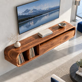 Rounded edge media cabinet in solid wood with open shelving and two drawers inside
