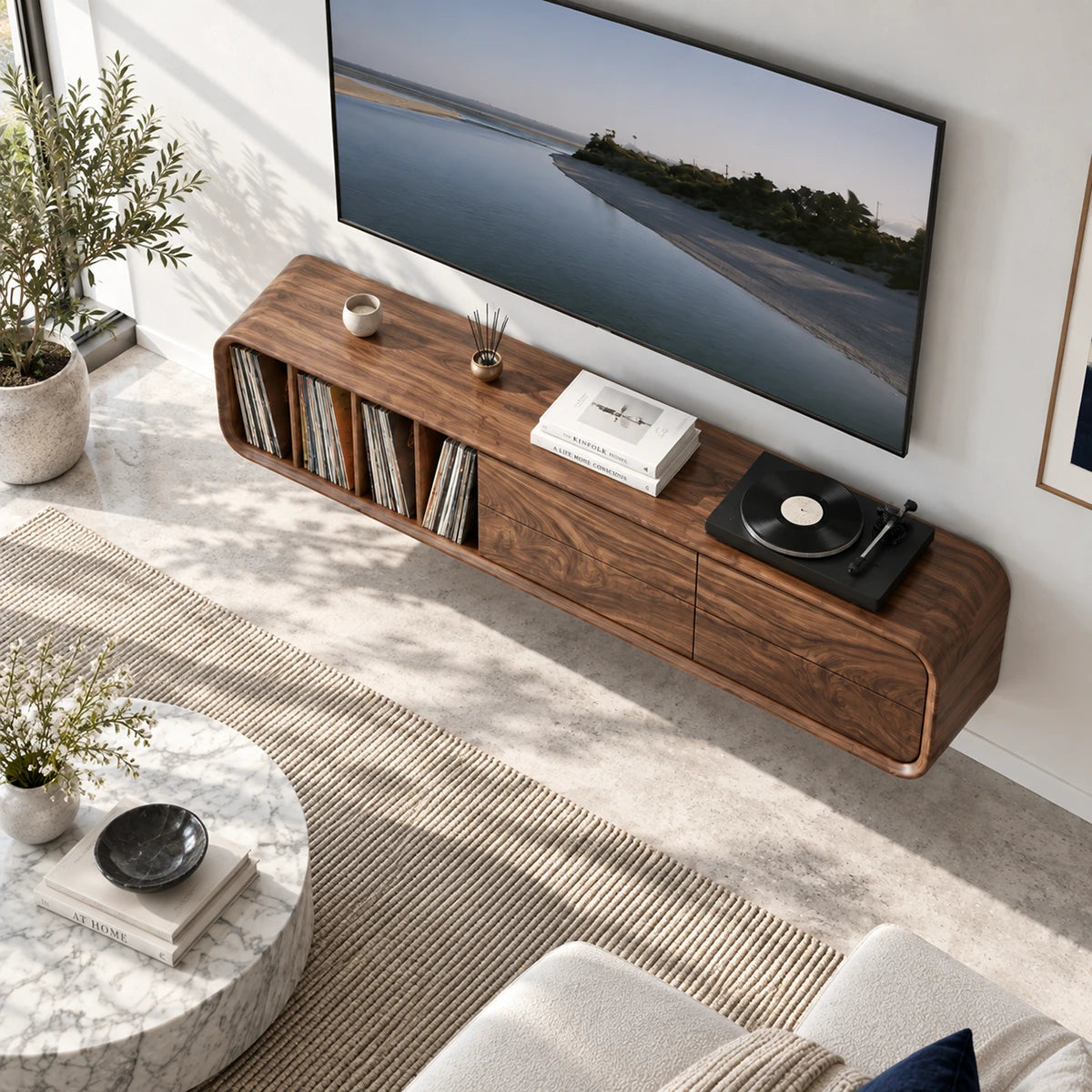 Rounded edge media cabinet in solid wood with LP storage and hidden drawers inside
