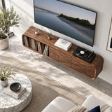 Rounded edge media cabinet in solid wood with LP storage and hidden drawers inside
