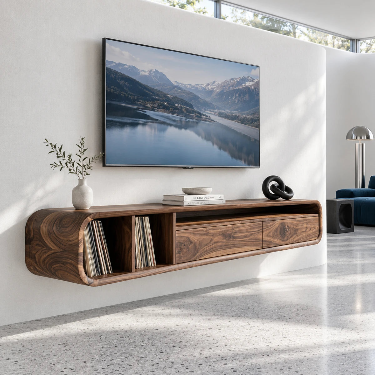 Contemporary TV stand in solid wood with curved corners and record storage compartments
