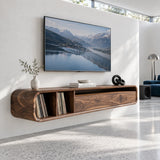 Contemporary TV stand in solid wood with curved corners and record storage compartments
