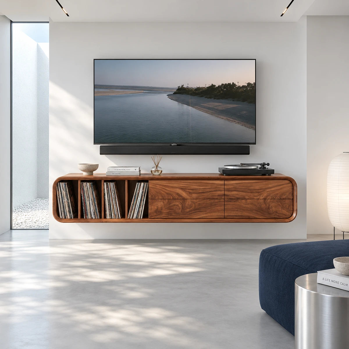 Contemporary TV stand in solid wood with curved frame and vinyl compartments built in

