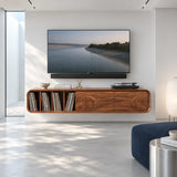 Contemporary TV stand in solid wood with curved frame and vinyl compartments built in
