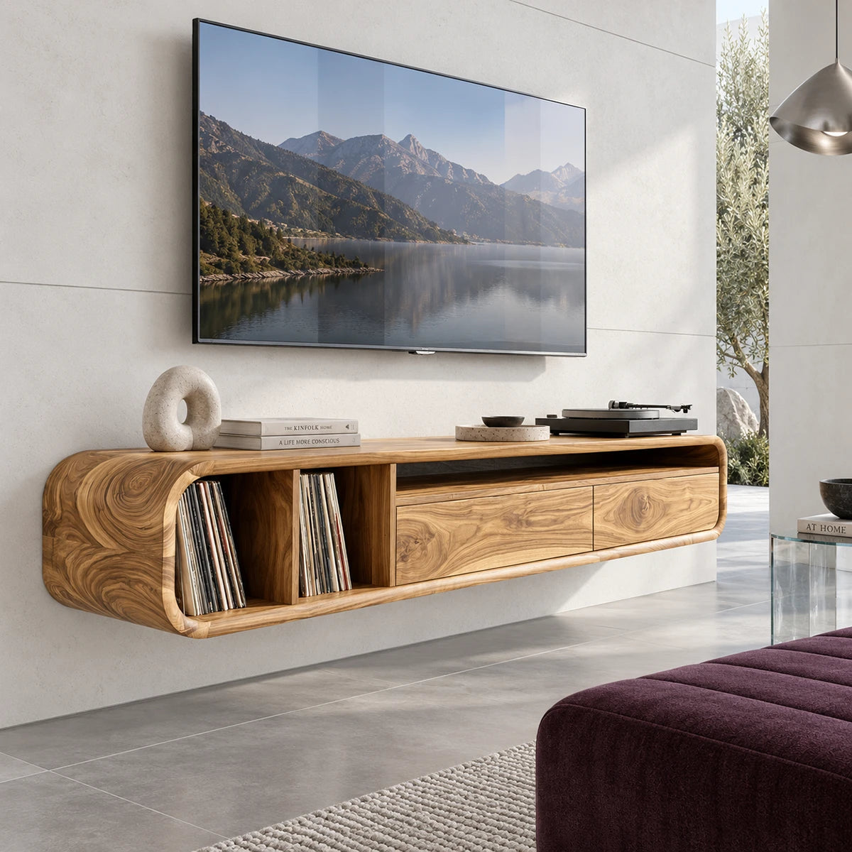 Minimalist entertainment unit in solid wood with wall mount style and drawers below
