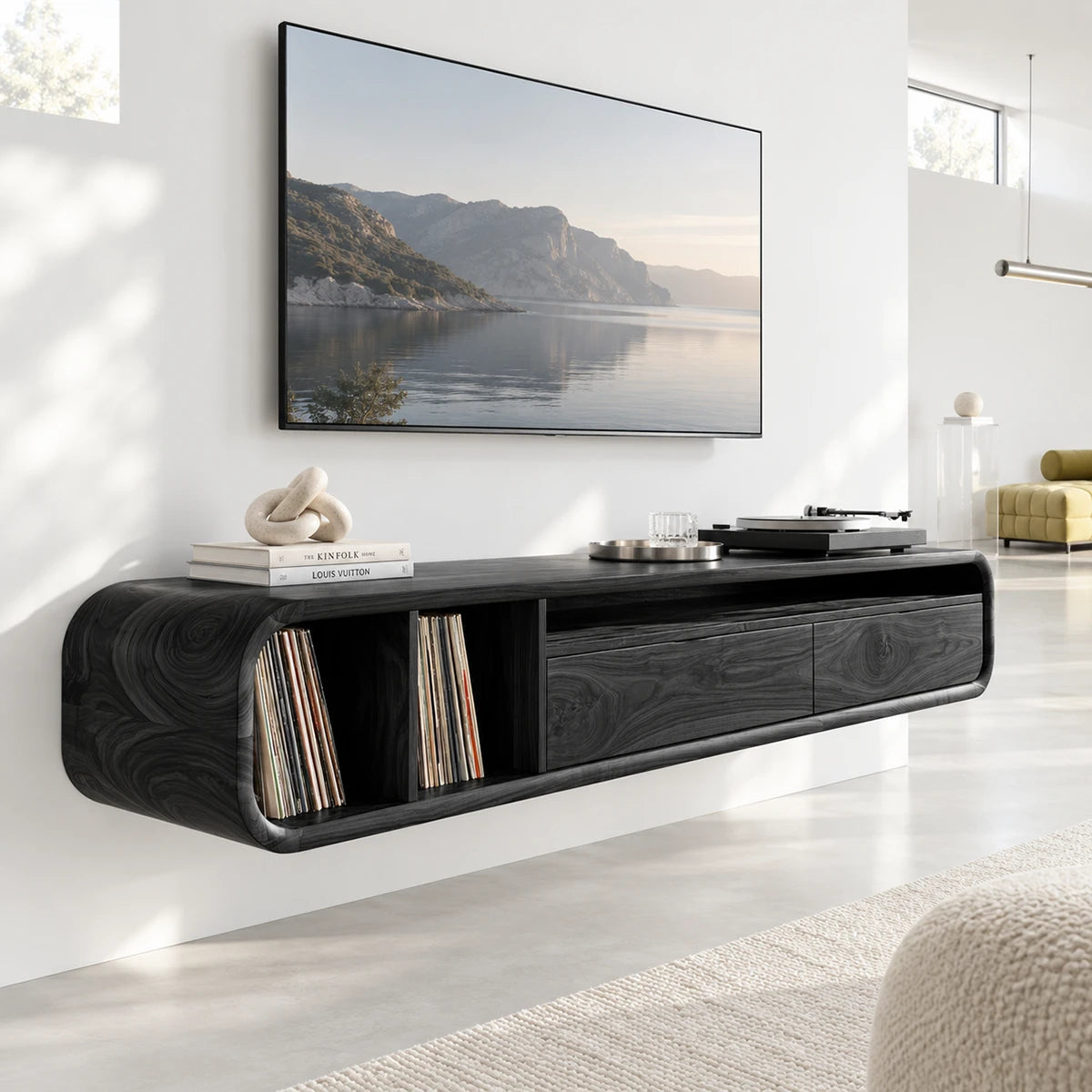 Designer media stand in solid wood with open vinyl storage and smooth lines throughout
