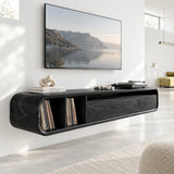 Designer media stand in solid wood with open vinyl storage and smooth lines throughout
