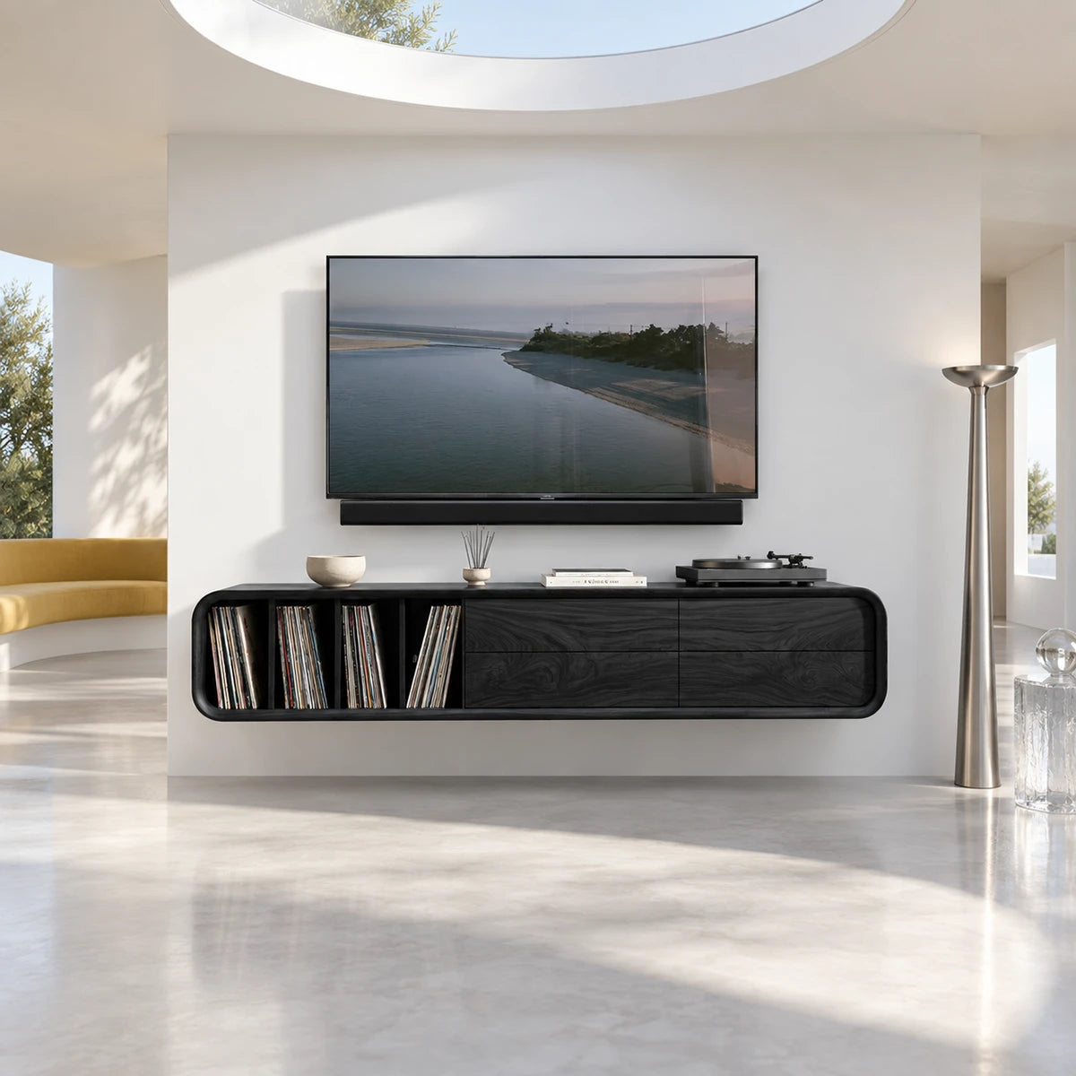 Designer media stand in solid wood with open vinyl storage and rounded ends profile
