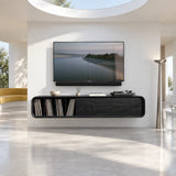 Designer media stand in solid wood with open vinyl storage and rounded ends profile

