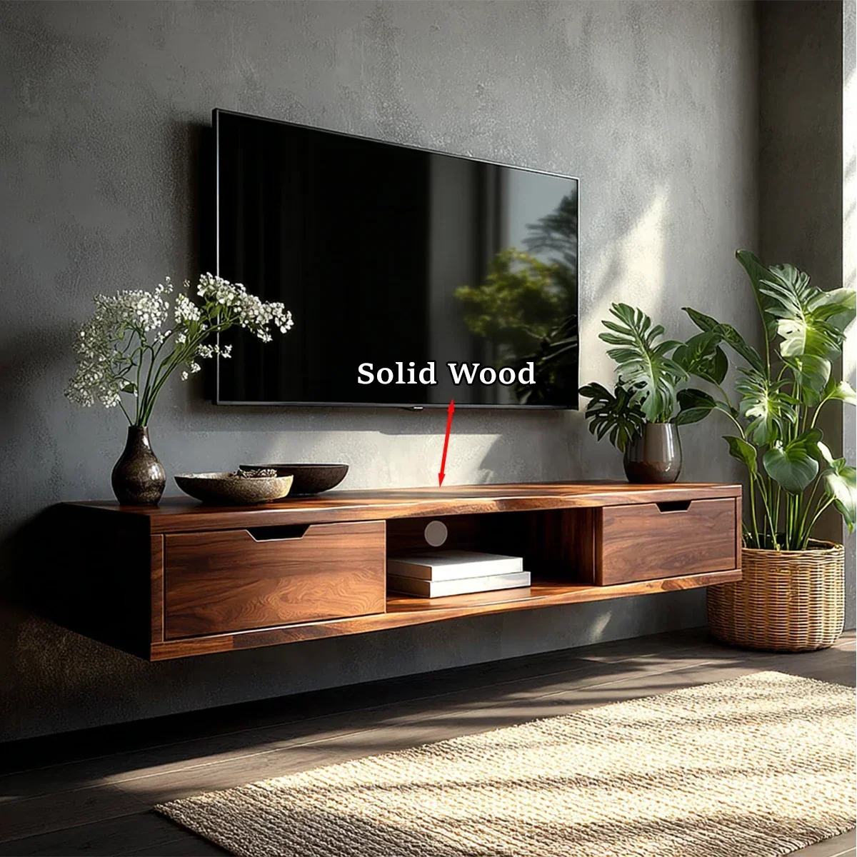 Floating Solid Wood TV Stand with Minimalist Storage and Open Shelf Design - Arboriswood - 10