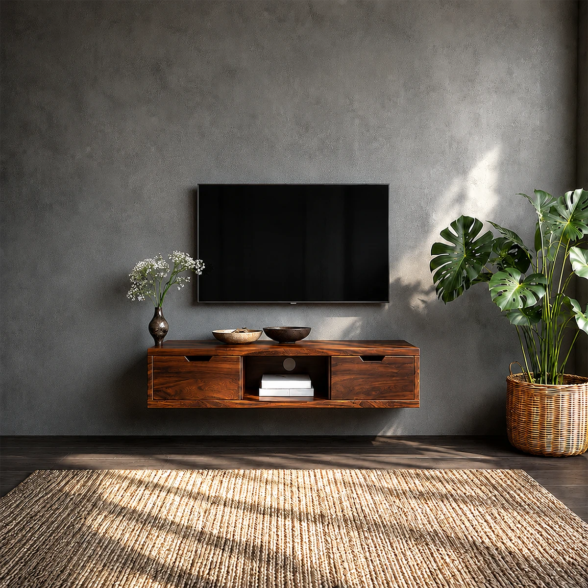 Floating Solid Wood TV Stand with Minimalist Storage and Open Shelf Design - ArborisWood - 12