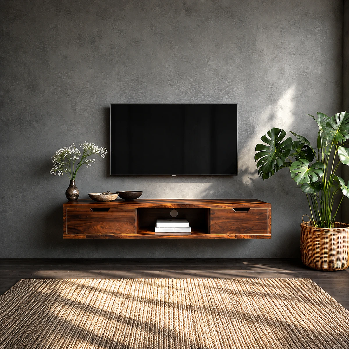 Floating Solid Wood TV Stand with Minimalist Storage and Open Shelf Design - ArborisWood - 13