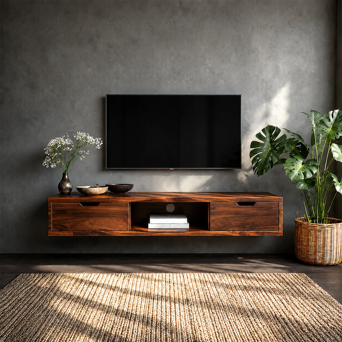 Floating Solid Wood TV Stand with Minimalist Storage and Open Shelf Design - ArborisWood - 14