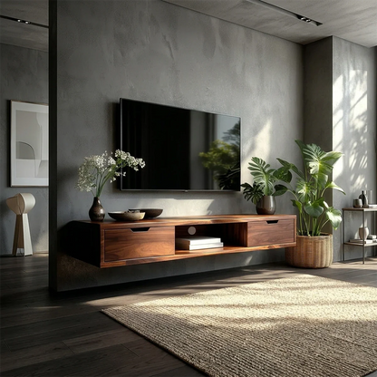 Floating Solid Wood TV Stand with Minimalist Storage and Open Shelf Design - ArborisWood - 2