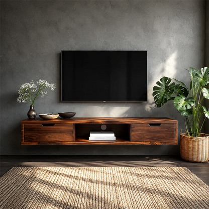 Floating Solid Wood TV Stand with Minimalist Storage and Open Shelf Design - ArborisWood - 3