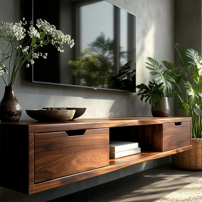 Floating Solid Wood TV Stand with Minimalist Storage and Open Shelf Design - ArborisWood - 4