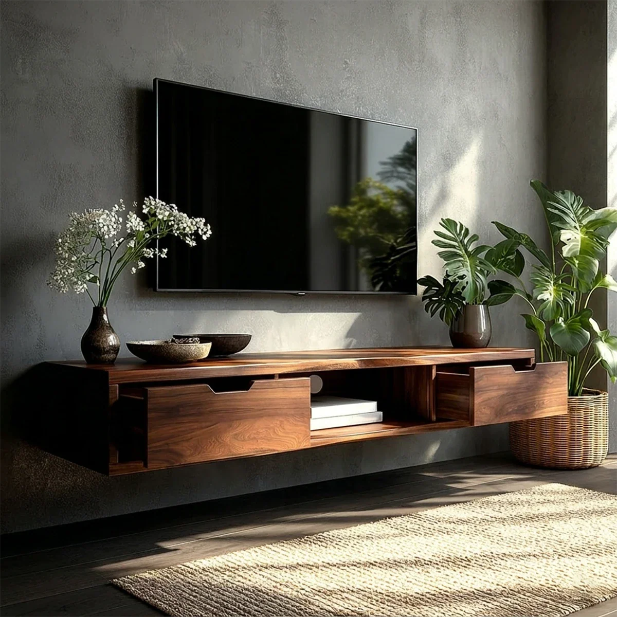 Floating Solid Wood TV Stand with Minimalist Storage and Open Shelf Design - ArborisWood - 5