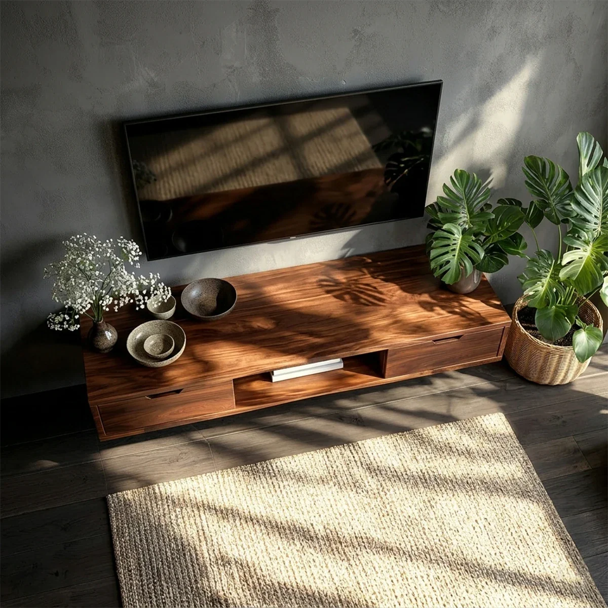 Floating Solid Wood TV Stand with Minimalist Storage and Open Shelf Design - ArborisWood - 6